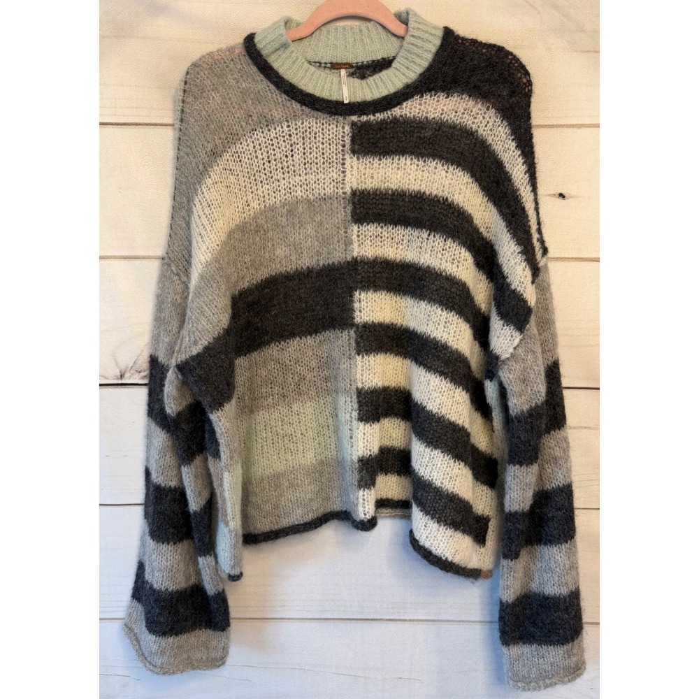 Free People Alpaca Blend Striped Oversized Sweater Grey Mint OB1740485 Womens S